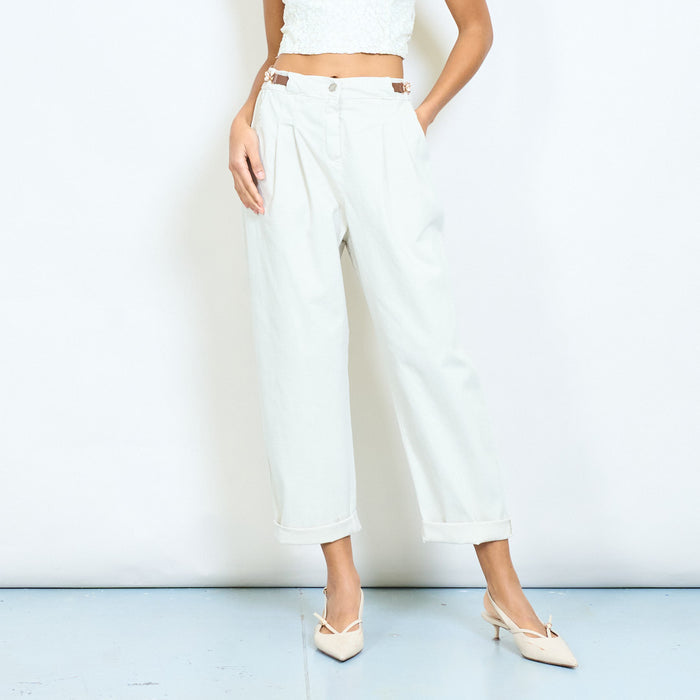 High waist pleated tapered trousers with decorative side buckle detail wholesale