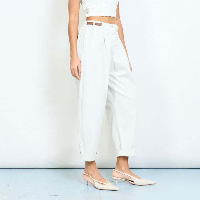 High waist pleated tapered trousers with decorative side buckle detail wholesale