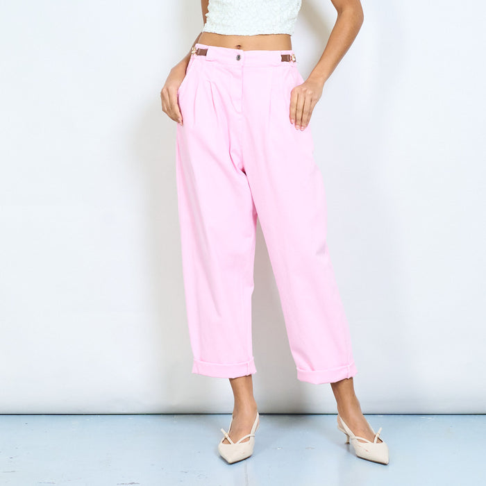 High waist pleated tapered trousers with decorative side buckle detail wholesale