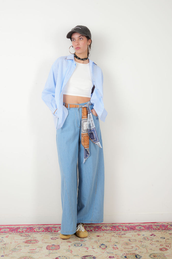 High-waisted wide leg denim trousers with printed scarf belt wholesale