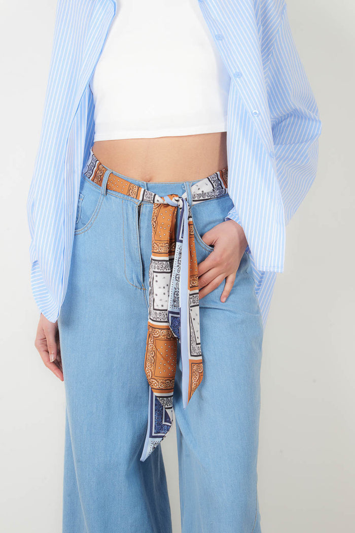 High-waisted wide leg denim trousers with printed scarf belt wholesale