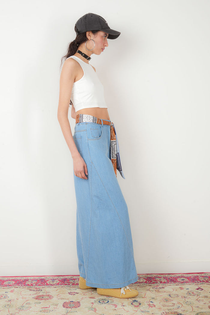 High-waisted wide leg denim trousers with printed scarf belt wholesale