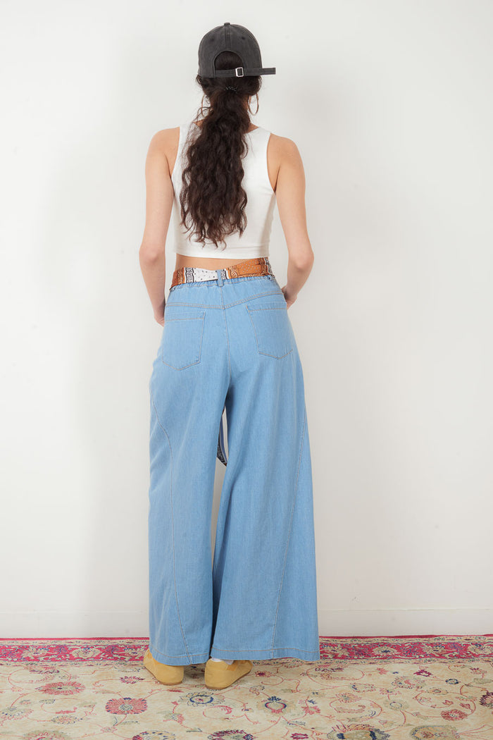 High-waisted wide leg denim trousers with printed scarf belt wholesale