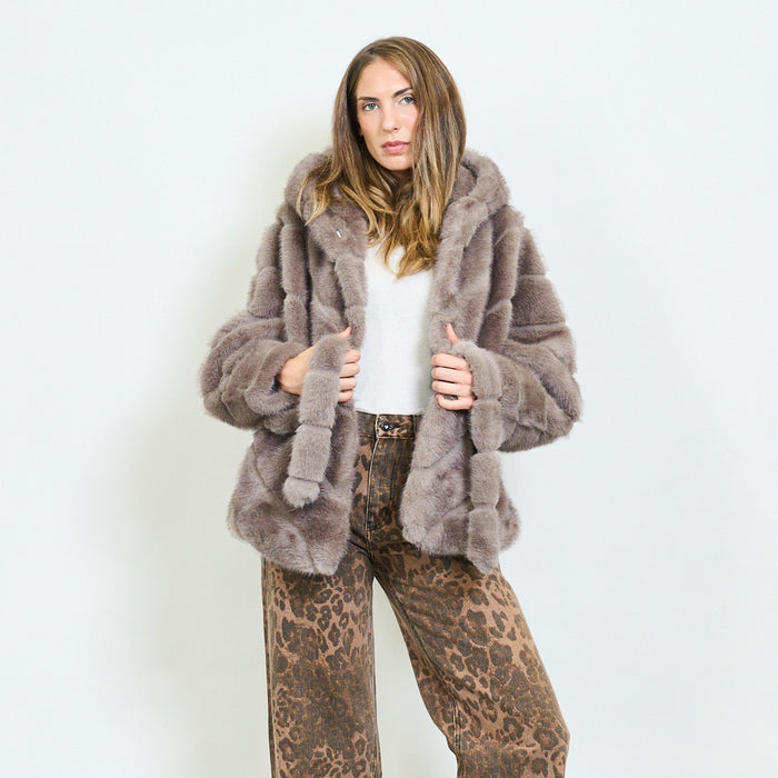 Horizontal panel faux fur belted jacket with hood wholesale