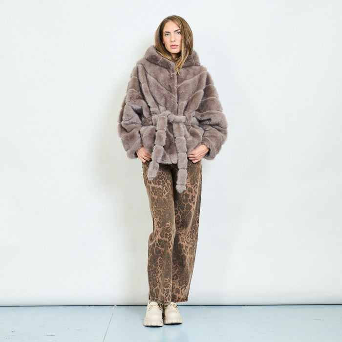 Horizontal panel faux fur belted jacket with hood wholesale