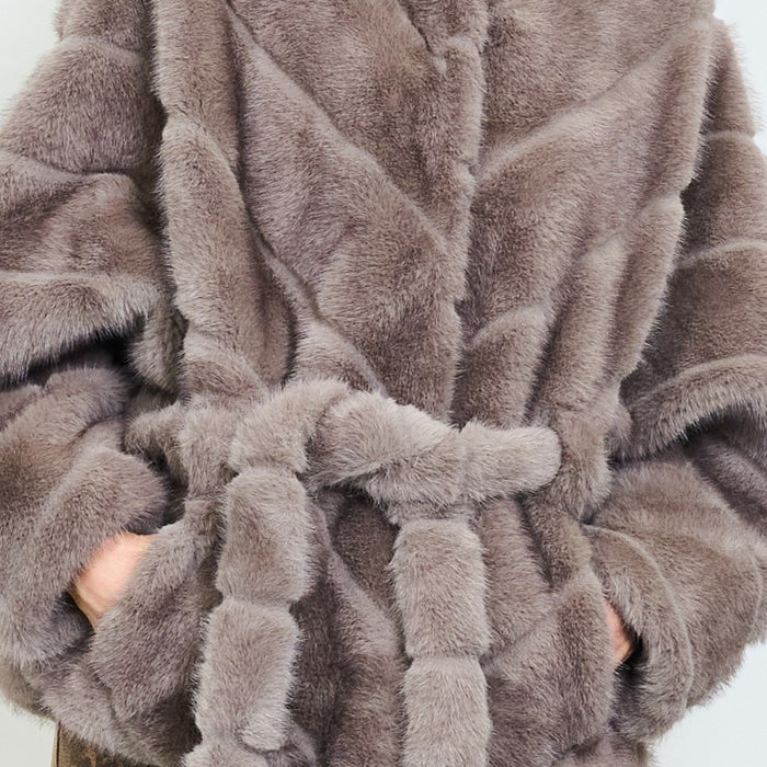Horizontal panel faux fur belted jacket with hood wholesale