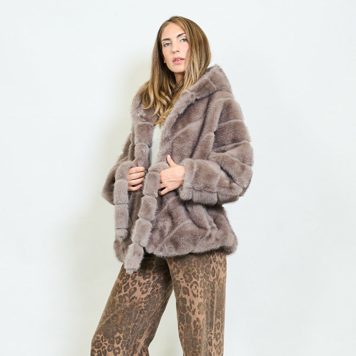 Horizontal panel faux fur belted jacket with hood wholesale