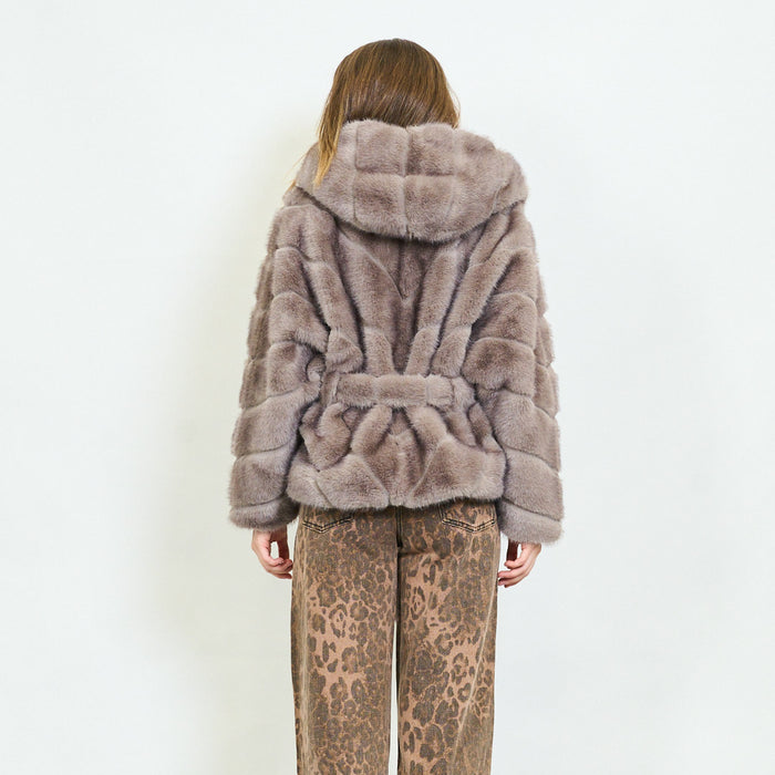 Horizontal panel faux fur belted jacket with hood wholesale