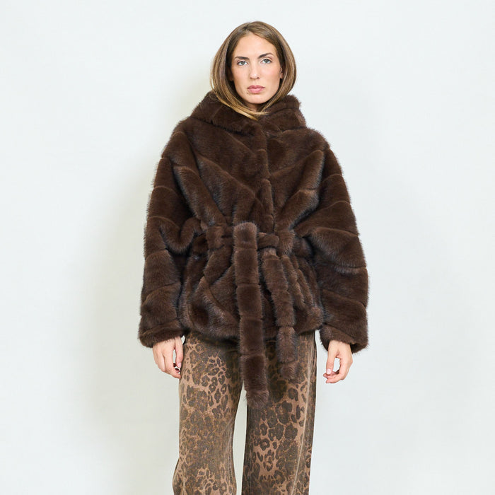 Horizontal panel faux fur belted jacket with hood wholesale