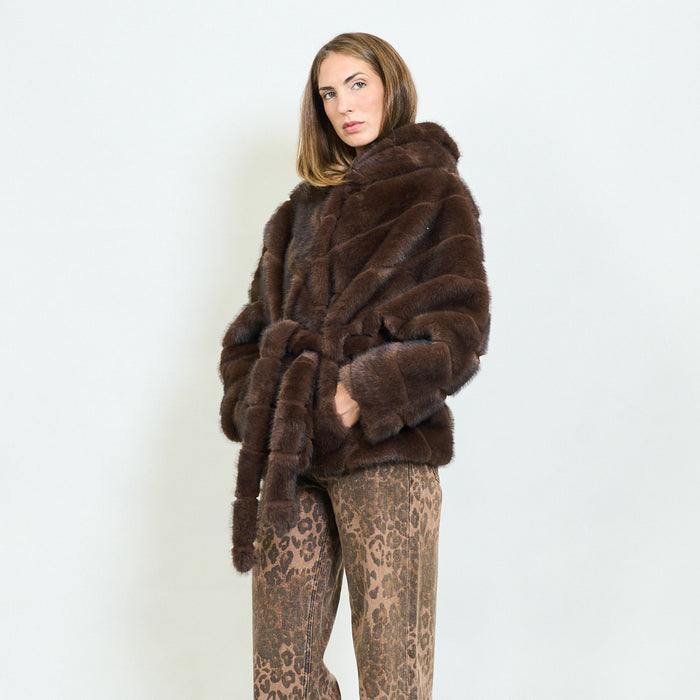 Horizontal panel faux fur belted jacket with hood wholesale
