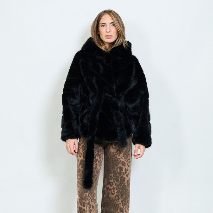 Horizontal panel faux fur belted jacket with hood wholesale
