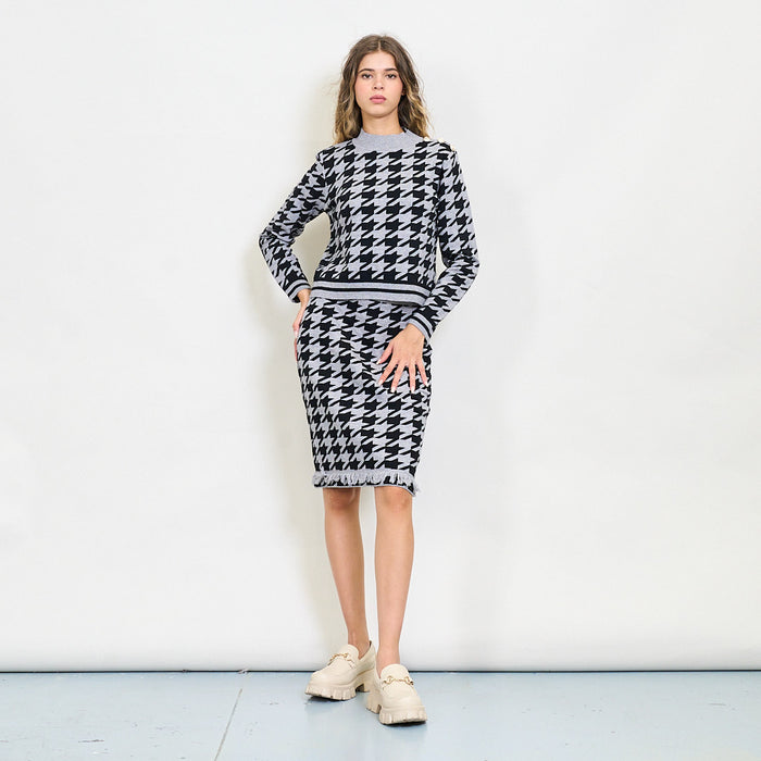 Houndstooth knit skirt with fringe hem wholesale