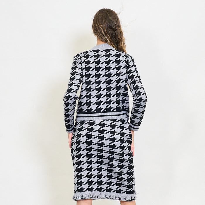 Houndstooth knit skirt with fringe hem wholesale