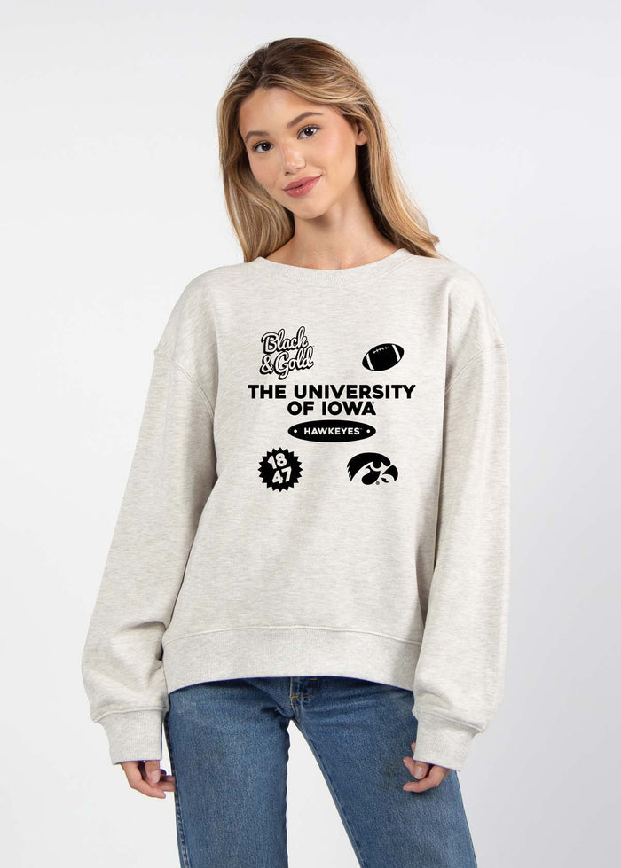 Iowa Hawkeyes Women's Ash-Grey Relaxed Heavyweight Fleece Sweatshirt with Dropped shoulders, crew neckline, back center seam and ribbed neckline, cuffs and hem