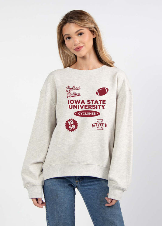Iowa State Cyclones Women's Ash-Grey Relaxed Heavyweight Fleece Sweatshirt with Dropped shoulders, crew neckline, back center seam and ribbed neckline, cuffs and hem