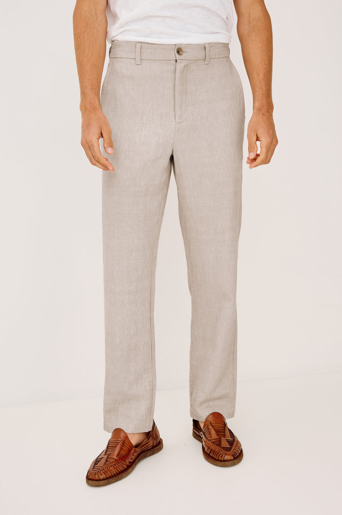Irving Pant in Cotton-Linen Blend With Slim Straight Legs, Side Slant Pockets, and Back Welt Pockets in Sand Dune Colorway - Lower Body Front View Featured on Model