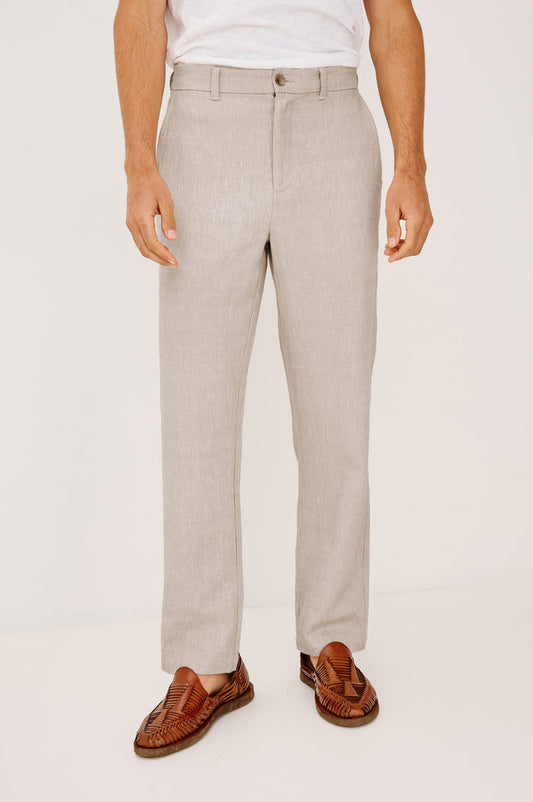 Irving Pant in Cotton-Linen Blend With Slim Straight Legs, Side Slant Pockets, and Back Welt Pockets in Sand Dune Colorway - Lower Body Front View Featured on Model