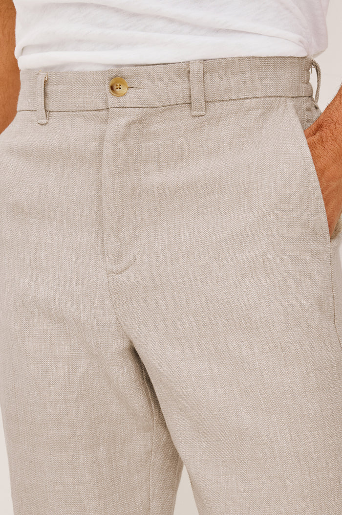 Irving Pant in Cotton-Linen Blend With Slim Straight Legs, Side Slant Pockets, and Back Welt Pockets in Sand Dune Colorway - Lower Body Front View Featured on Model