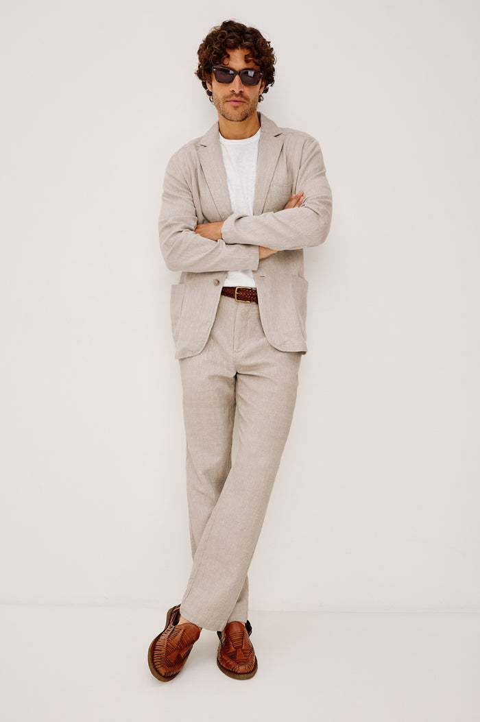 Irving Pant in Cotton-Linen Blend With Slim Straight Legs, Side Slant Pockets, and Back Welt Pockets in Sand Dune Colorway - Full Body Front View Featured on Model