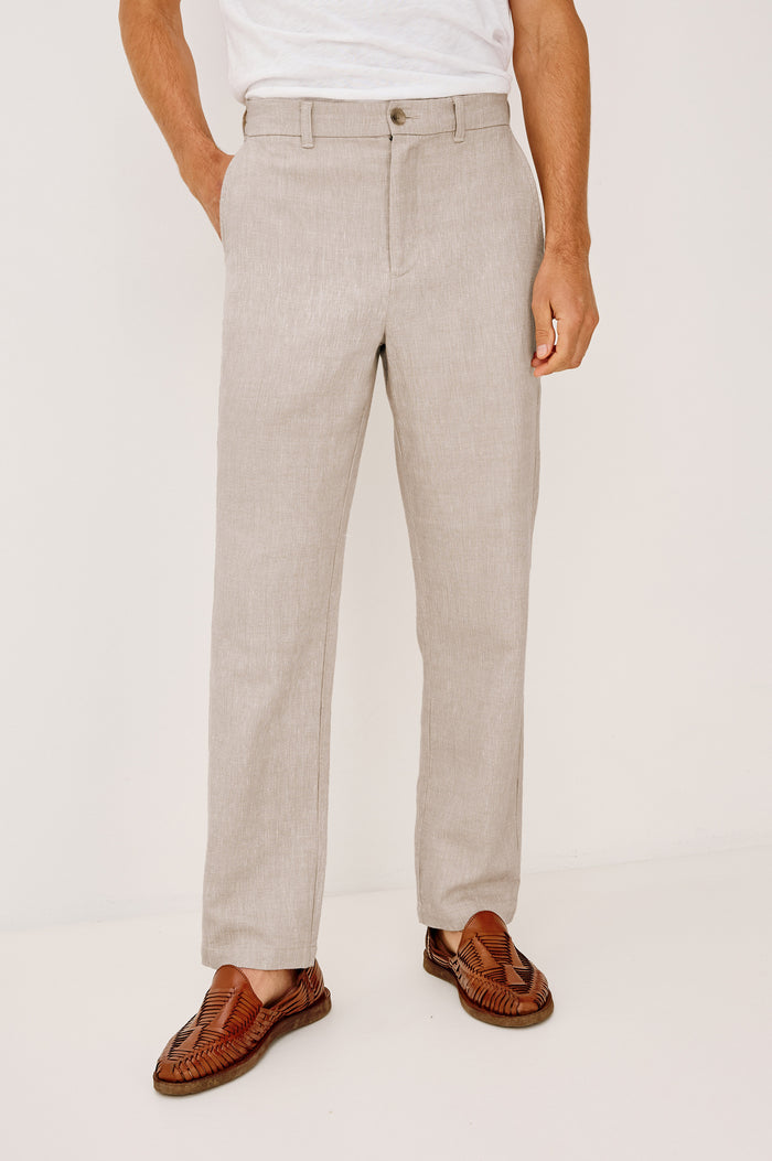 Irving Pant in Cotton-Linen Blend With Slim Straight Legs, Side Slant Pockets, and Back Welt Pockets in Sand Dune Colorway - Lower Body Front View Featured on Model
