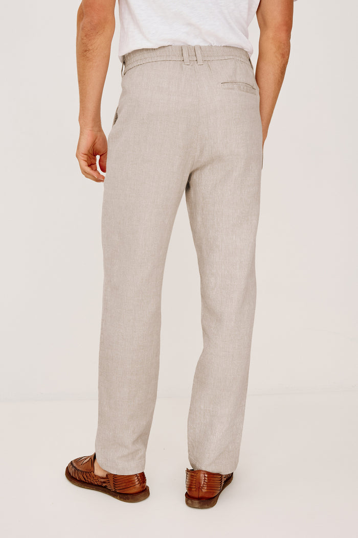 Harris Blazer in Cotton-Linen Blend With Single-Breasted Buttons, Straight Fit, Notched Lapels, and Front Patch Pockets in Sand Dune Colorway - Upper Body Front View Featured on Model