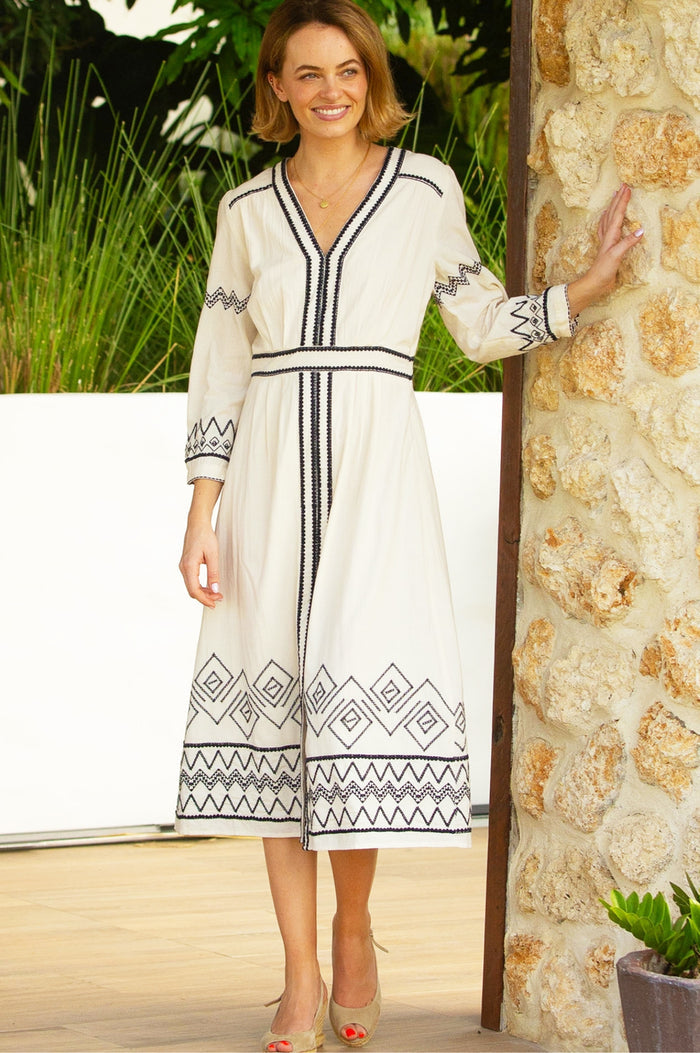 Jamila Embroidered Dress | Ecru/Black - Aspiga