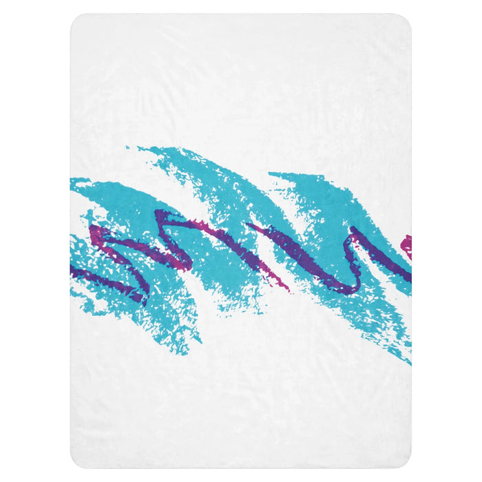 A crisp white throw blanket showcases the iconic 90s disposable cup design—a broad electric cyan-turquoise brushstroke with rough, splattered edges beneath a chaotic berry purple zigzag scribble. Contact us with accessibility feedback, we'd love to help!
