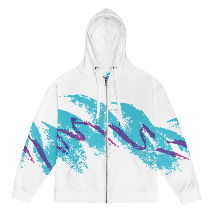 A stark white hoodie explodes with 90s nostalgia—a massive teal brushstroke (that jagged aqua crayon energy) sweeps horizontally across the chest and sleeves like vintage disposable cup art. Contact us with accessibility feedback, we'd love to help!