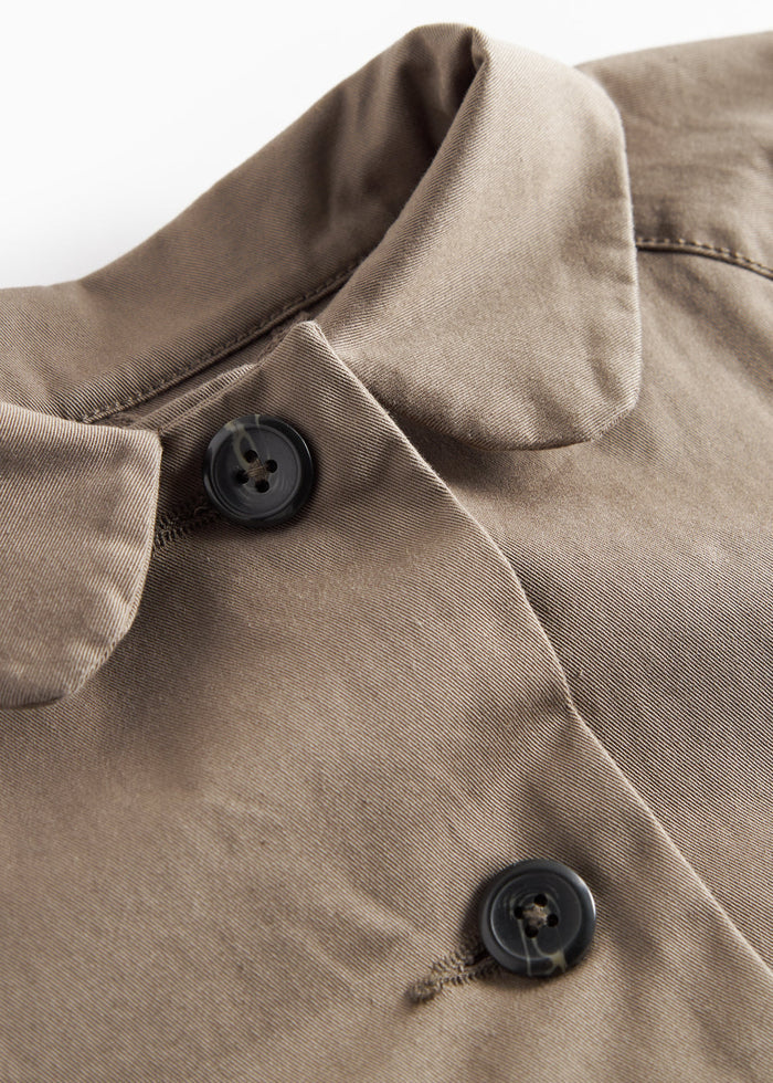 Detail of buttons on khaki chino coat