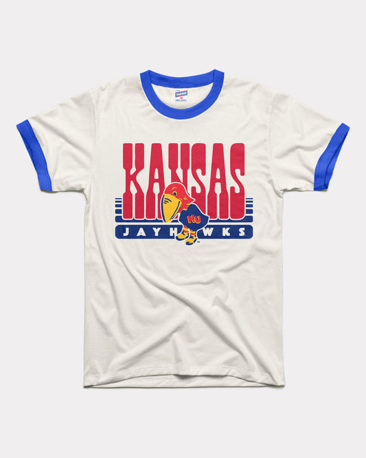 White & Royal Blue Kansas Jayhawk 70s Vintage Unisex Ringer T-Shirt