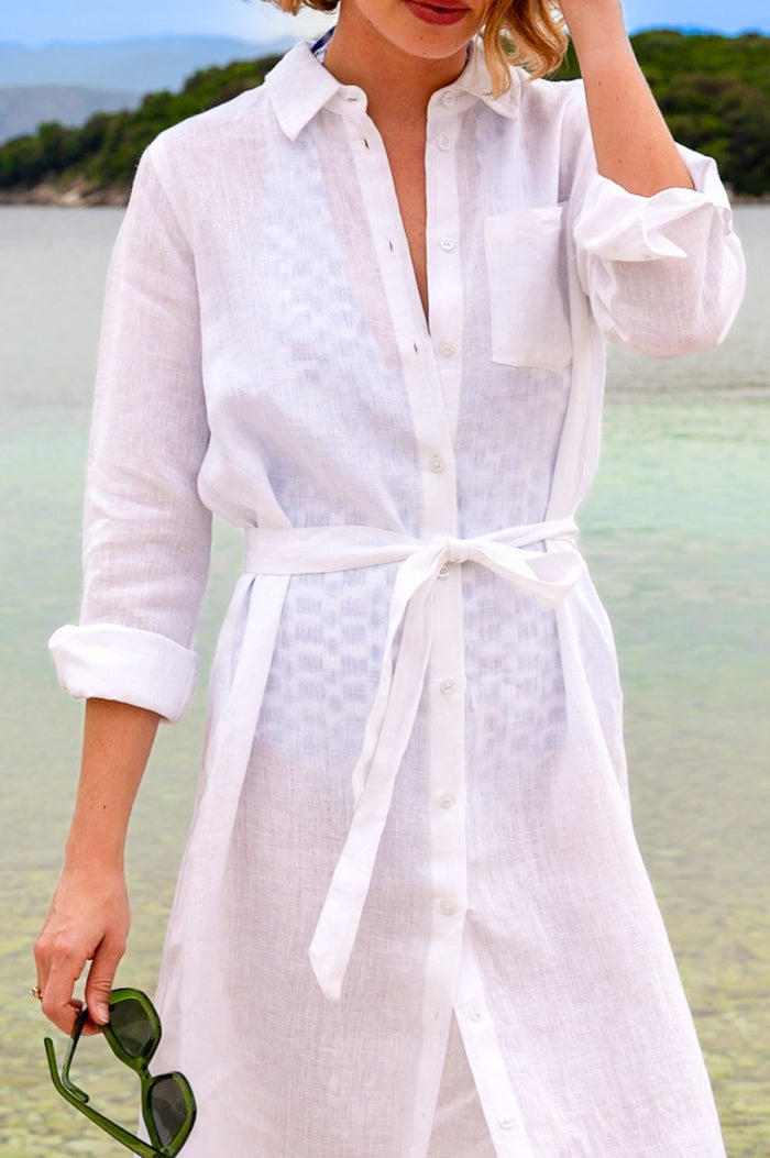 Kelly Linen Shirt Dress | White - Aspiga