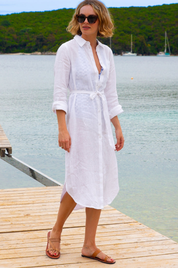 Kelly Linen Shirt Dress | White - Aspiga