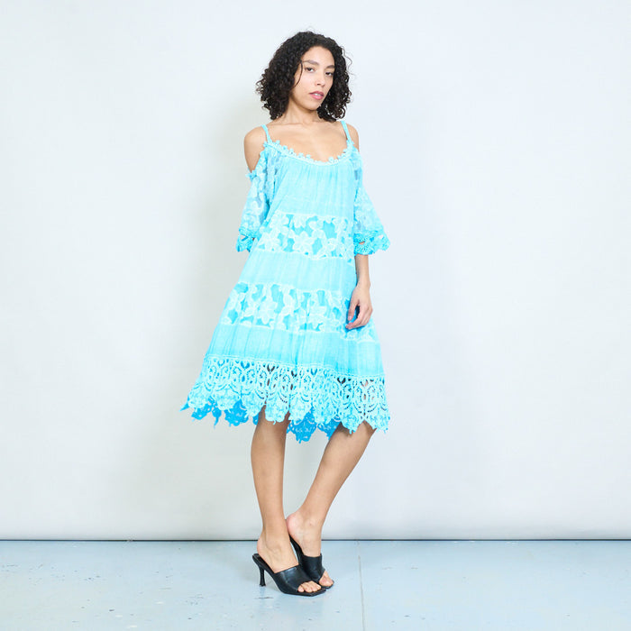 Lace trim tiered cold shoulder mini dress wholesale