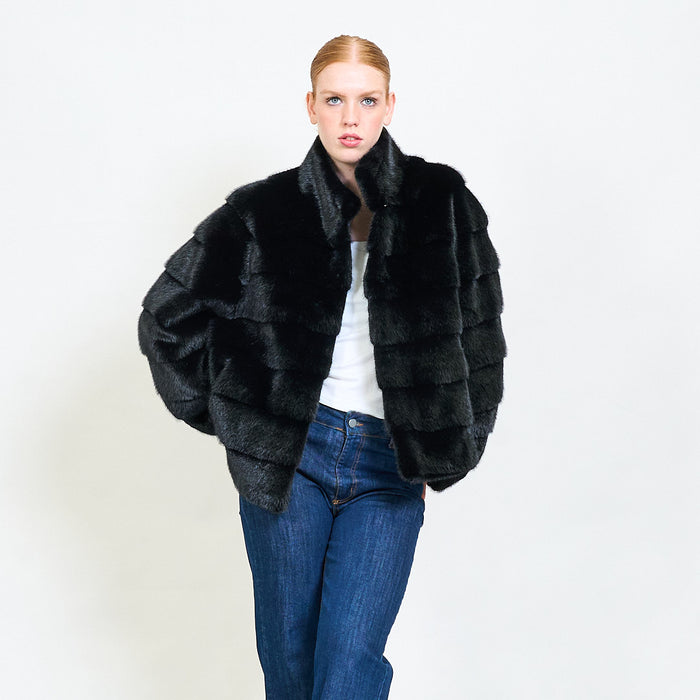 Layered faux fur short jacket with stand collar wholesale