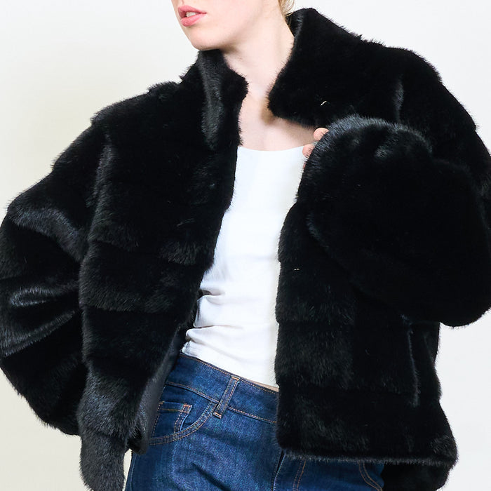 Layered faux fur short jacket with stand collar wholesale