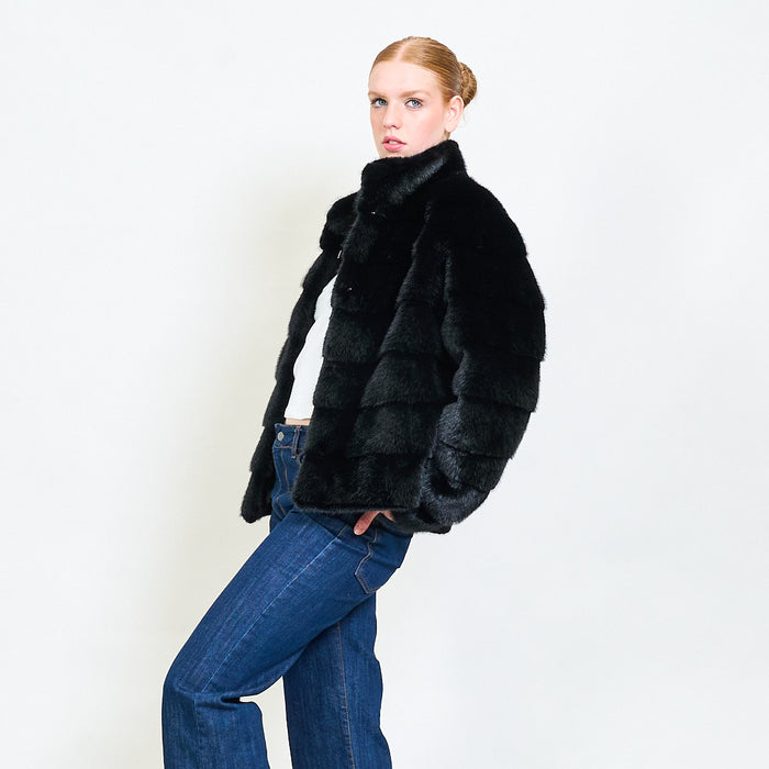 Layered faux fur short jacket with stand collar wholesale