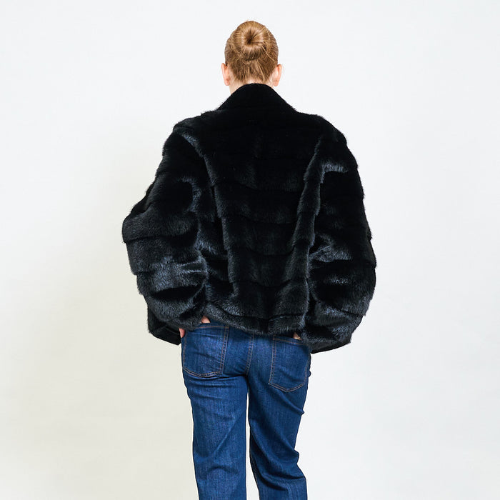 Layered faux fur short jacket with stand collar wholesale