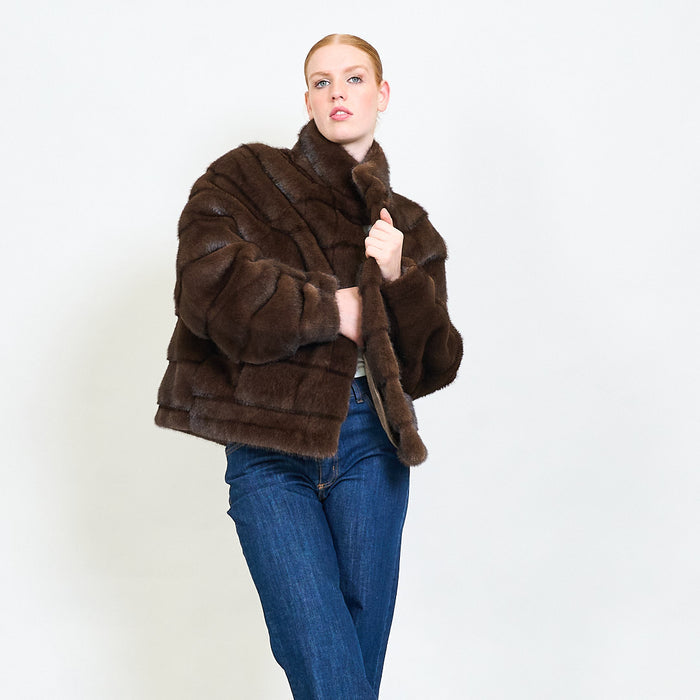 Layered faux fur short jacket with stand collar wholesale