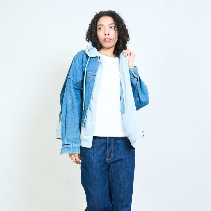 Layered hooded denim jacket with zip hoodie detail wholesale