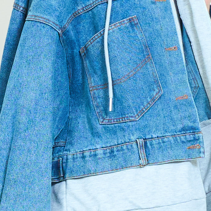 Layered hooded denim jacket with zip hoodie detail wholesale