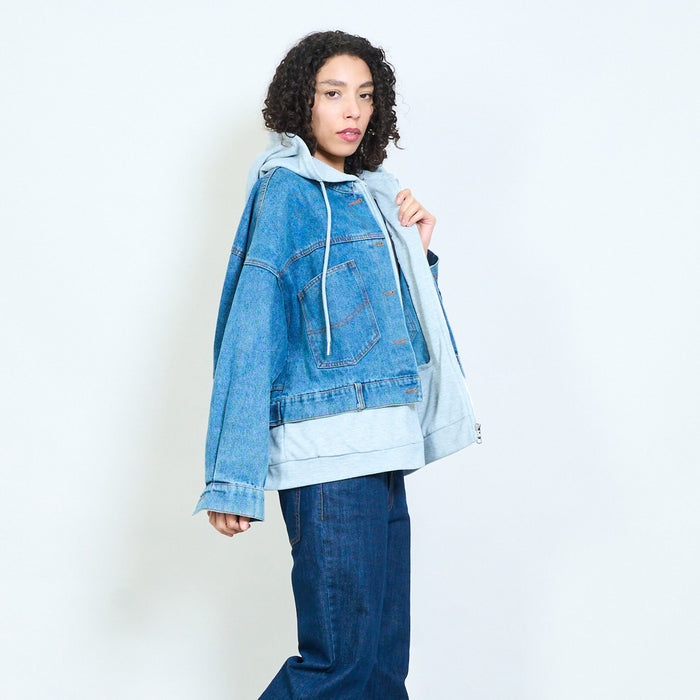 Layered hooded denim jacket with zip hoodie detail wholesale