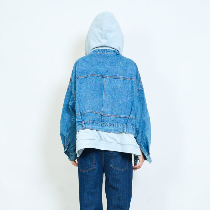 Layered hooded denim jacket with zip hoodie detail wholesale
