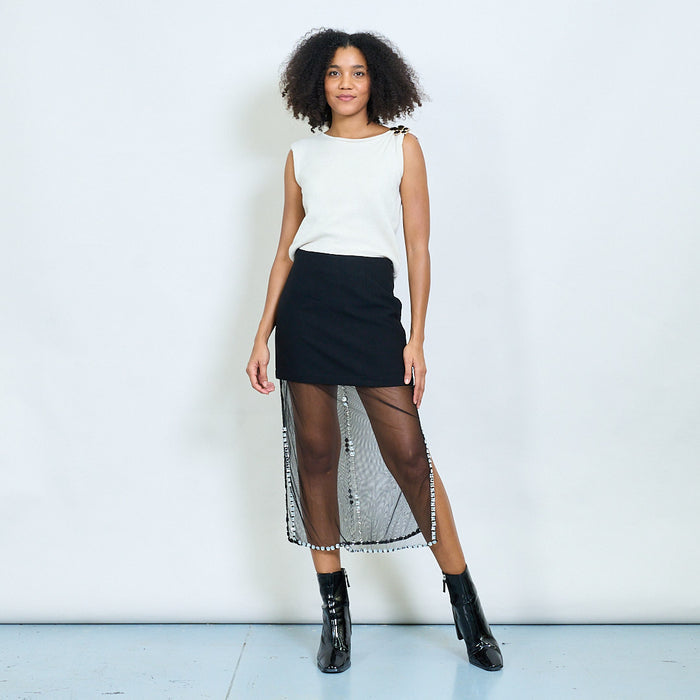 Layered mini skirt with sheer embellished overlay wholesale