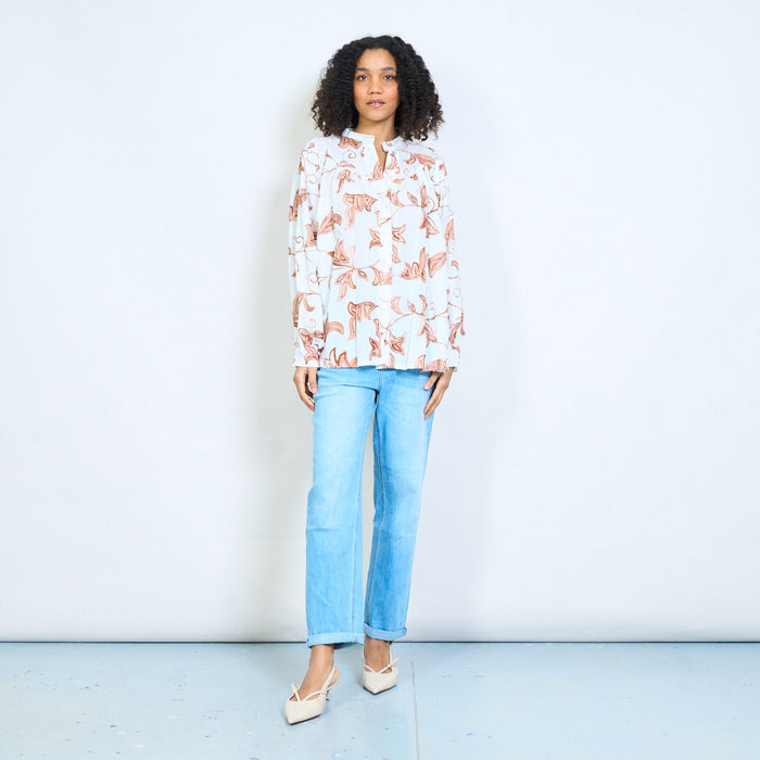 Leaf print pleated button front blouse wholesale