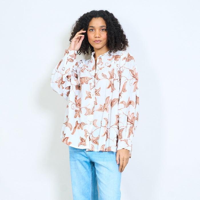 Leaf print pleated button front blouse wholesale