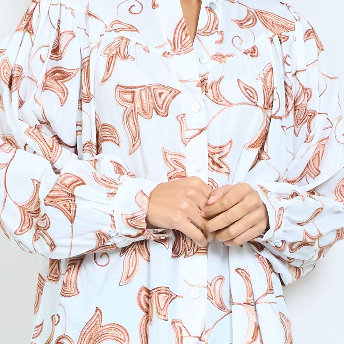Leaf print pleated button front blouse wholesale