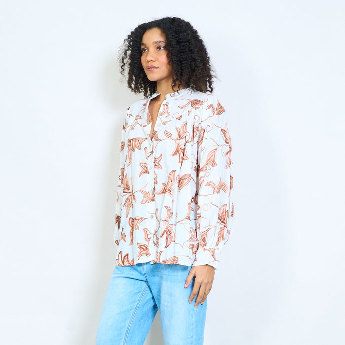 Leaf print pleated button front blouse wholesale