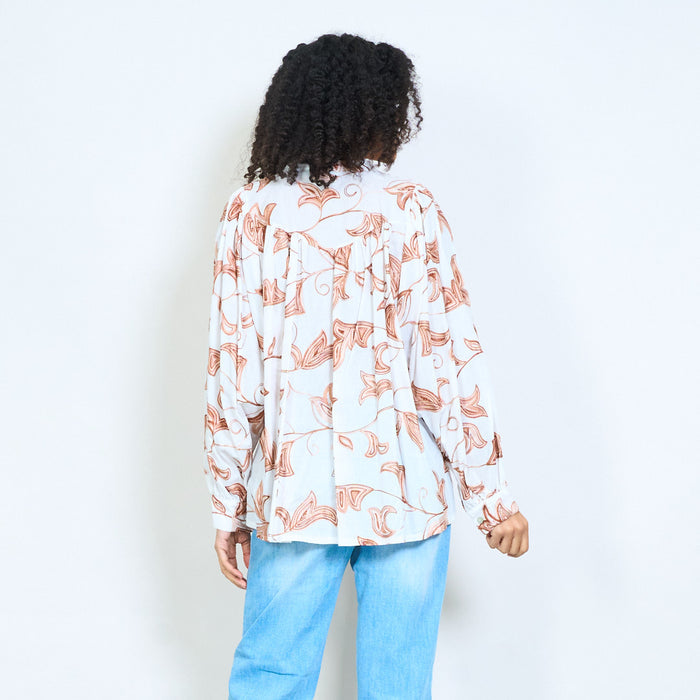 Leaf print pleated button front blouse wholesale