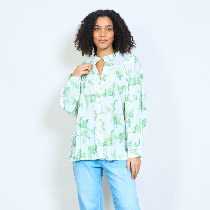 Leaf print pleated button front blouse wholesale