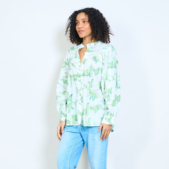 Leaf print pleated button front blouse wholesale